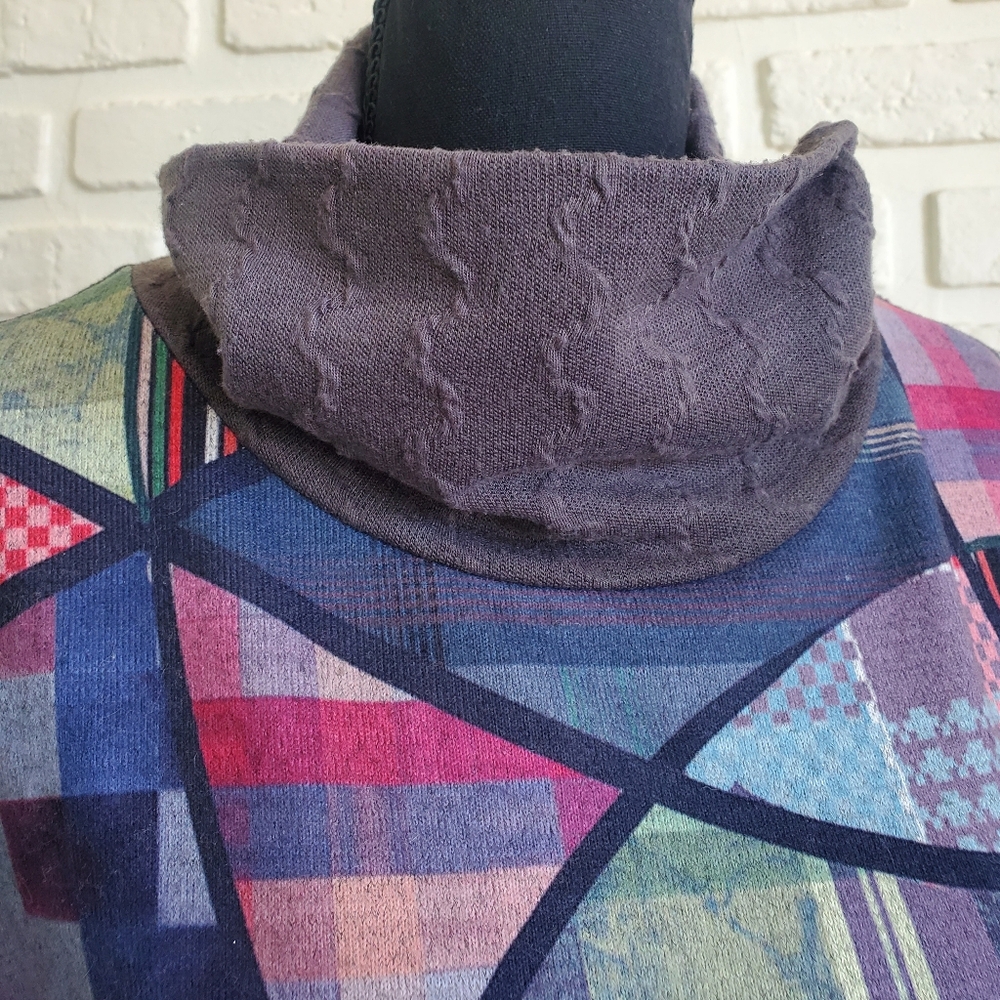Smash! Abstract Patchwork Midi Cowl Neck Sweater Dress Short Sleeves Boho Hippie - Picture 8 of 16